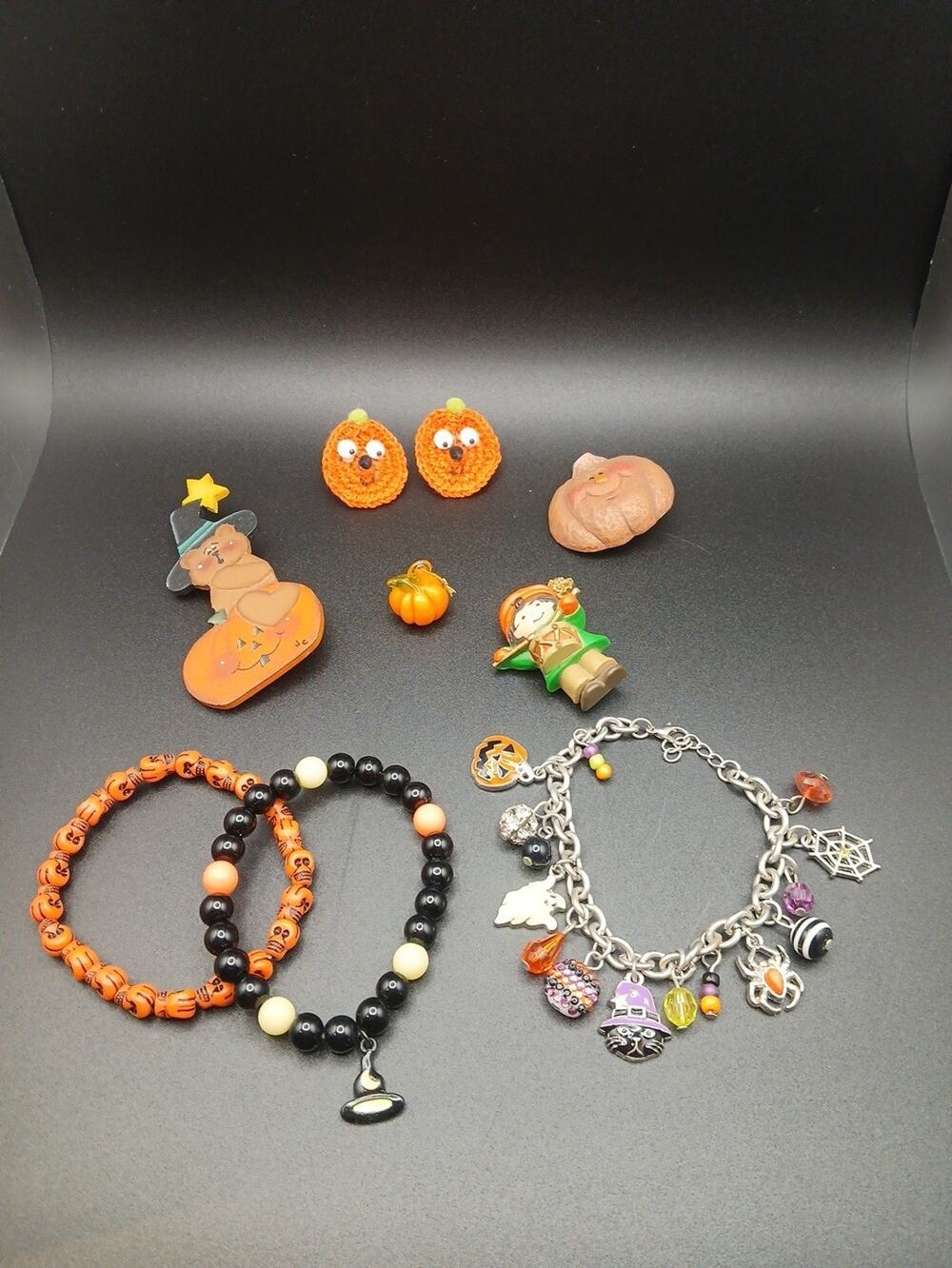 Vintage Halloween & Fall Jewelry Lot 9 Pc - Charm Bracelet Beaded Stacks Pins